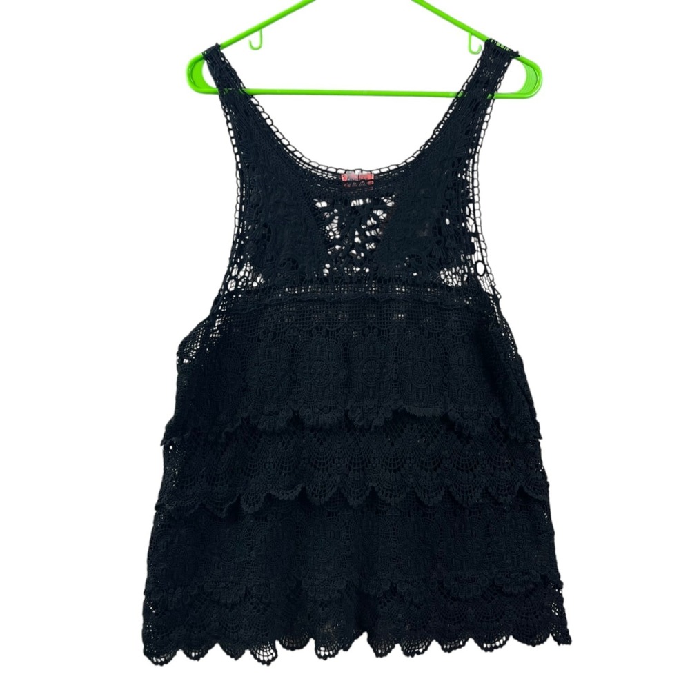 Intimately Free People Lace Crochet Tank Shirt Top Womens L Black Cotton Cover